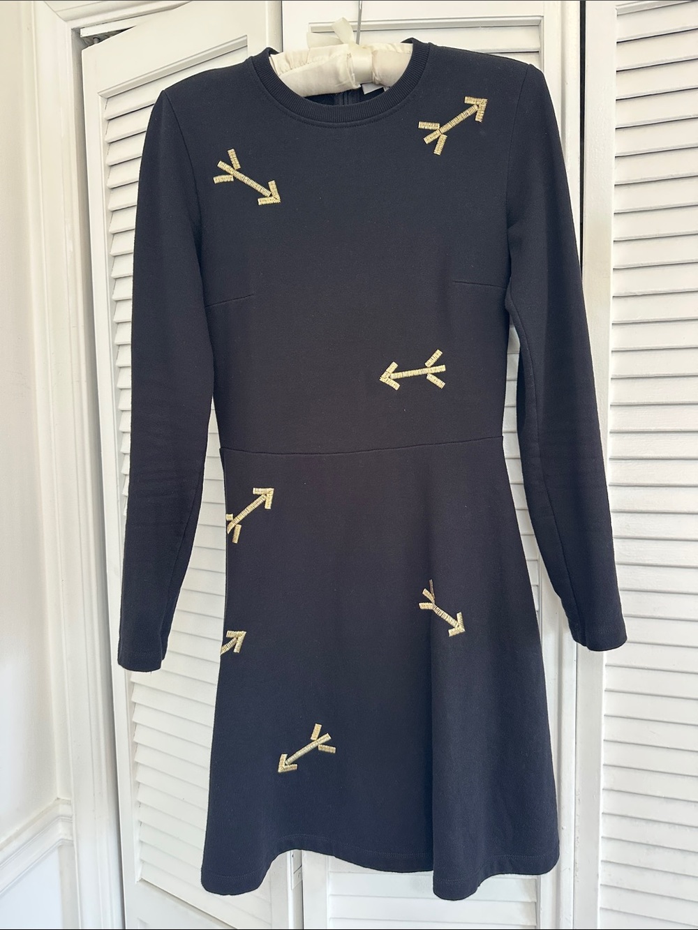 Carven Black Long-Sleeve Dress with Gold Arrow Embellishments